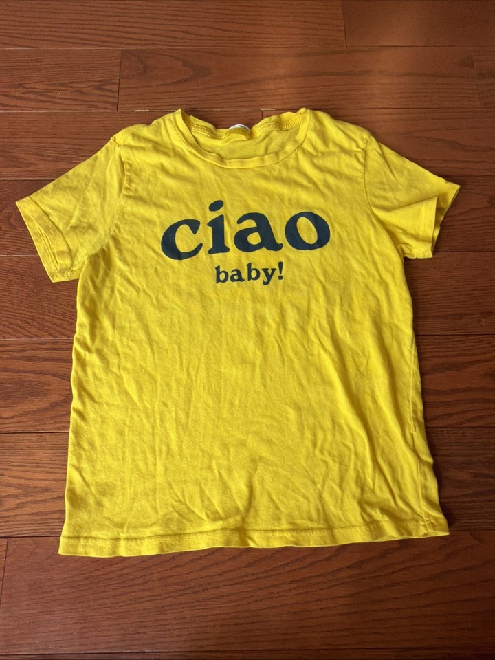 MOTHER Ciao Baby Graphic T Shirt Women Yellow Crewneck Short Sleeve Tee SMALL 