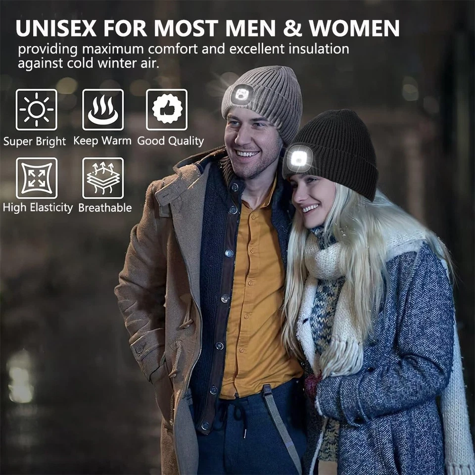 Unisex Warm Winter Knit Beanie Hat with LED Light USB Rechargeable Headlamp Cap - Image 2 of 4