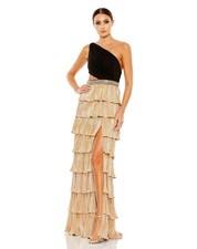 Mac Duggal 26742 One-Shoulder Ruffle Tiered Gown SZ 10 Black Gold