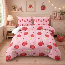 Cute Strawberry Comforter Sets, King Size Bedding Sets with Cute Strawberries...