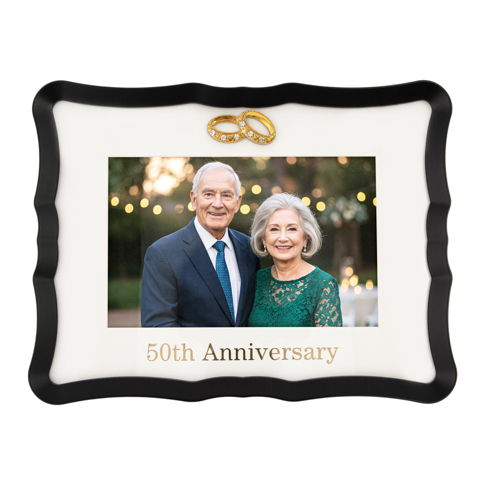 50th Anniversary Landscape 4x6 Frame with Gold Text and Gold Rings by Happy H...