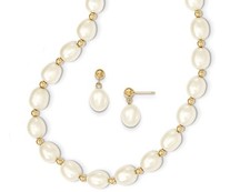 14K Yellow Gold Freshwater Cultured White Pearl 7-8mm Dangle Earrings and matchi
