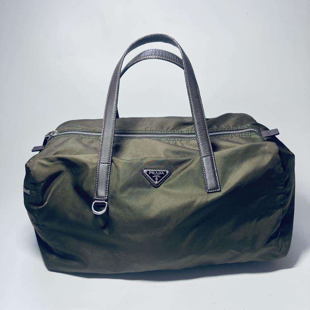 Prada Mini Boston Bag Khaki Tote with Triangle Logo in Excellent Condition