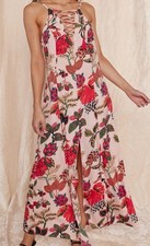 RAGA Anthropologie Large Floral Peach Pink Leaf Botanical Dress