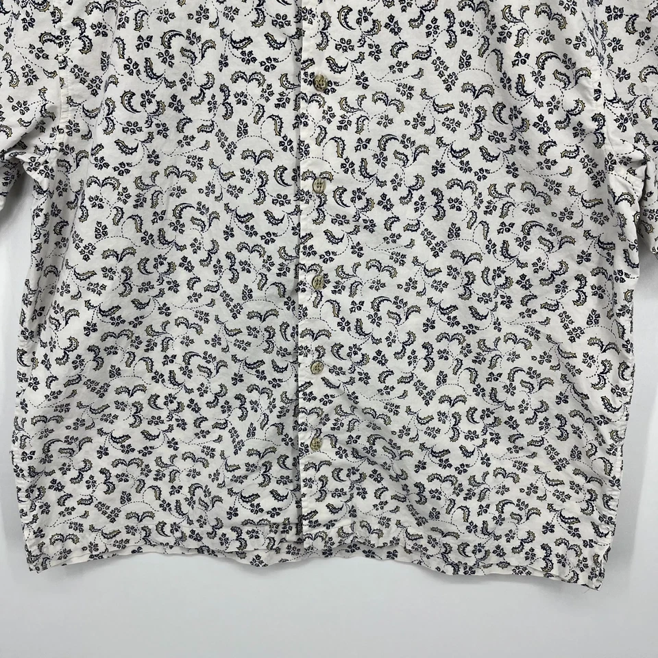 Camisa masculina Eddie Bauer manga curta botão estampa paisley branca vintage anos 90 algodão - Imagem 3 de 4
