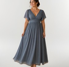 Azazie Dusty Blue Chiffon Bridesmaid Dress Size US 22W / UK 26 Flutter Sleeve