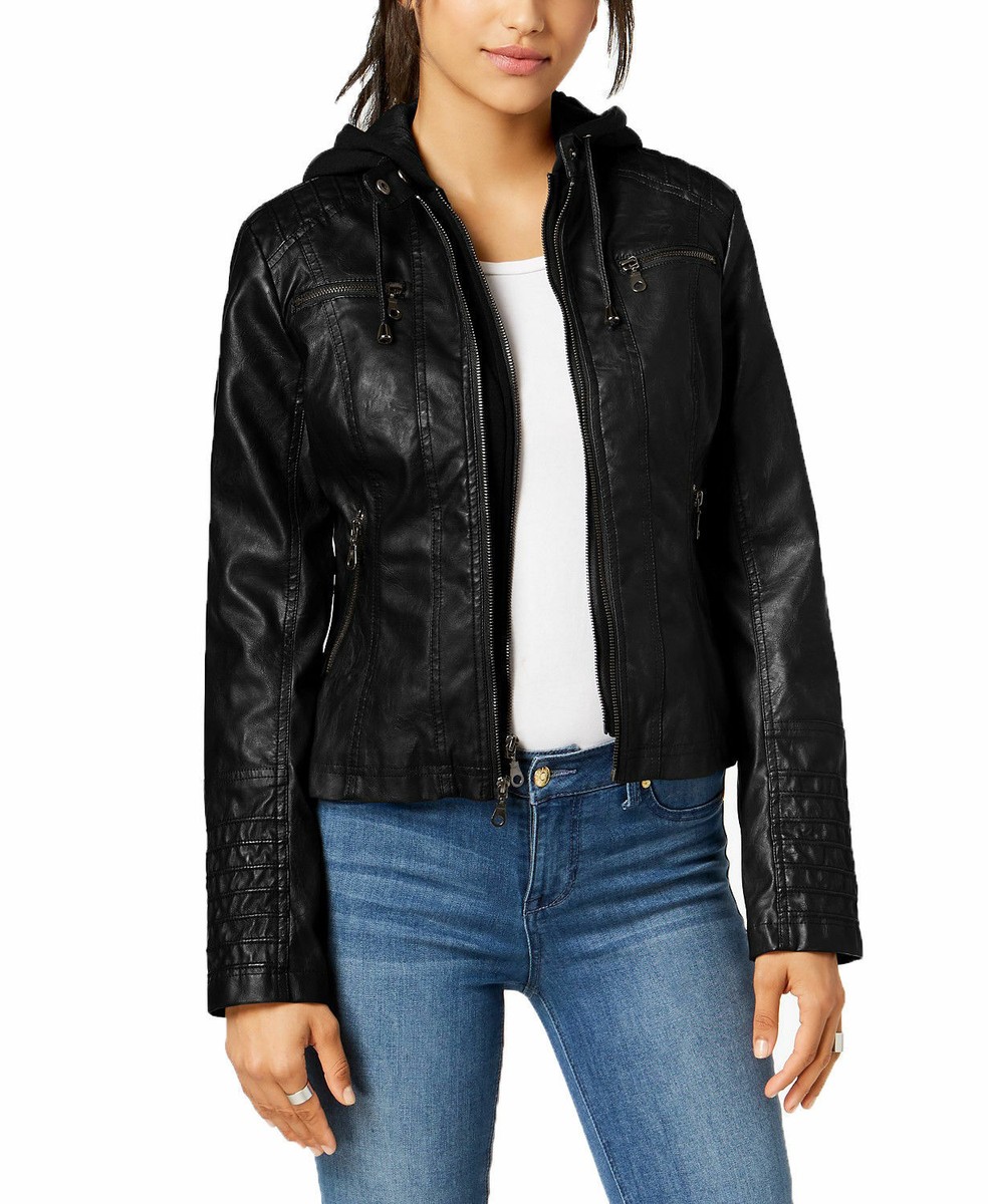 Maralyn & Me Juniors' Hooded Faux-Leather Moto Jacket Color Black