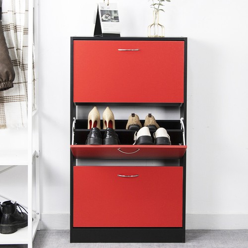 Scarpiera 3 Ante Ripiani Doppia Profondità con Maniglia Rosso e Nero 63x24x115cm - Foto 5 di 9
