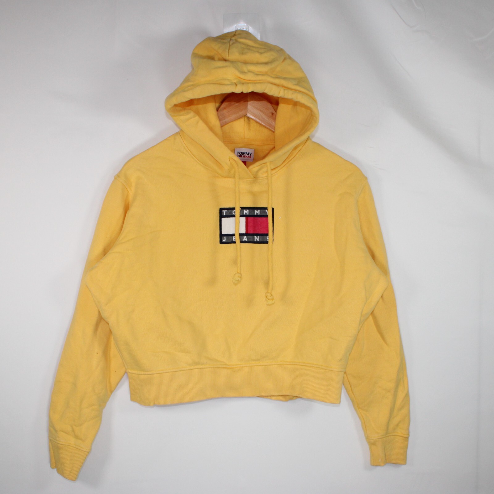 Tommy Hilfiger Cropped Hoodie Womens Small Yellow Corduroy Design Spellout Logo