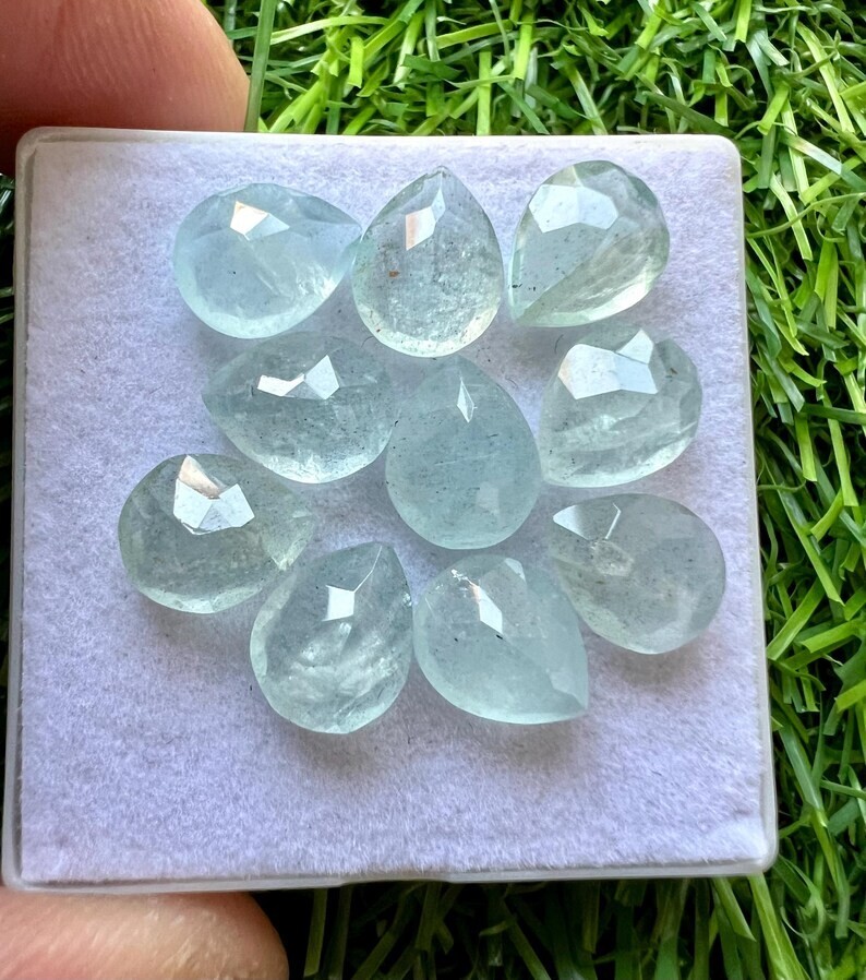 Natural Aquamarine Rose Cut 8x10mm Pear 10Pcs Lot Aqua Marine 10mm - Main Image
