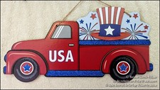 NEW FOURTH 4th OF JULY PATRIOTIC VINTAGE RED PICKUP TRUCK WALL HANGING PLAQUE