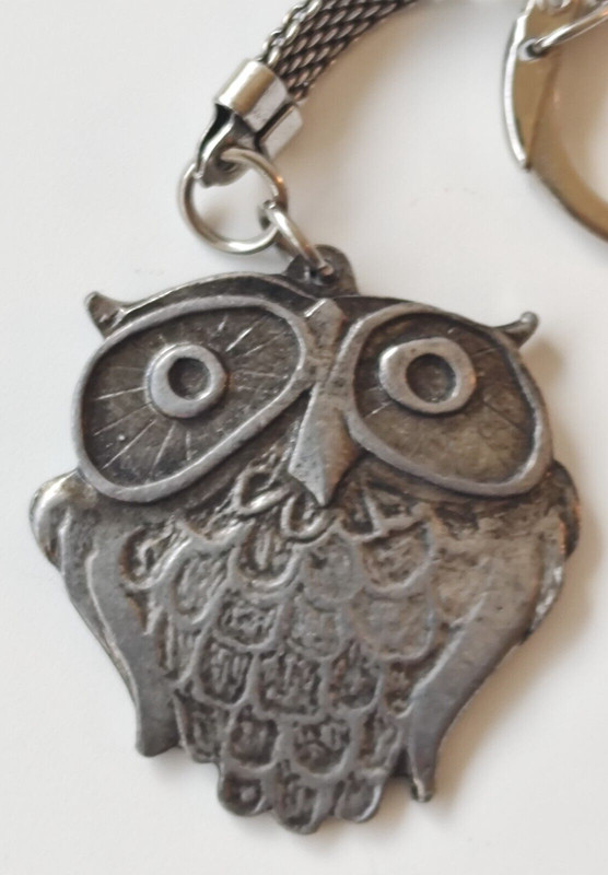 Vintage Metzke Owl Pewter Keychain Key Ring