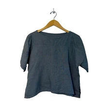 The Maybe Collection 100% Linen Short Sleeve Boxy Cropped Blouse Sz M Made In US