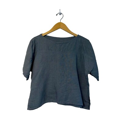 The Maybe Collection 100% Linen Short Sleeve Boxy Cropped Blouse Sz M Made In US