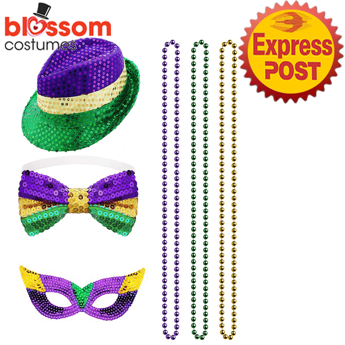 N584 Mardi Gras Sequins Hat Mask Bow Tie Necklace Pride Festival LGBTQ Accessory