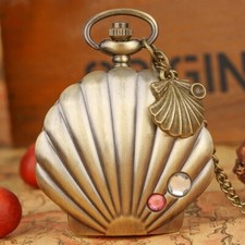 Women Mermaid Shell Pocket Watch Glossy Metal Pendant Necklace Chain Gift NEW