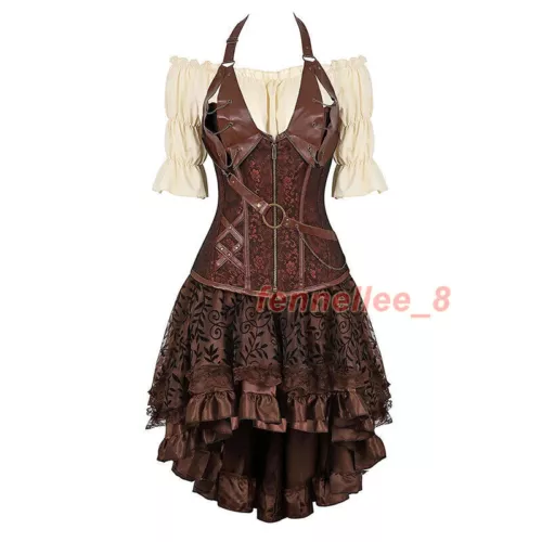 LOT Steampunk Corset Dress Costume Women Halloween Faux Leather Corset Dress