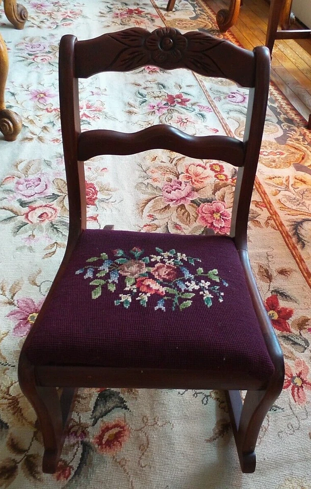 Children's Vintage Duncan Phyfe Rose Mahogany Rocking Chair Needlepoint Seat - Image 4 of 4
