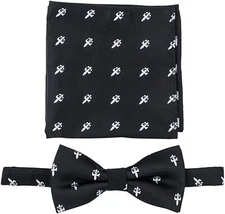 Pre-Tied Bow Tie with Matching Pocket Square - Black & Gray Fleur De Lis Bowtie