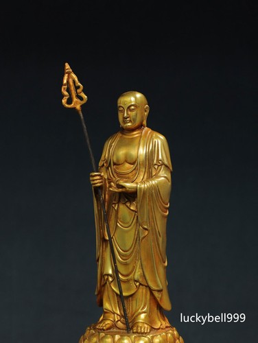 13.8" Antique Tibetan Buddhism Temple Bronze 24k gilt Ksitigarbha Buddha statue - Picture 6 of 9