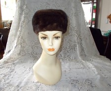 Vintage Dark Chocolate Brown Ranch Mink Fur Pillbox Hat Amrose New York 21 1/4"