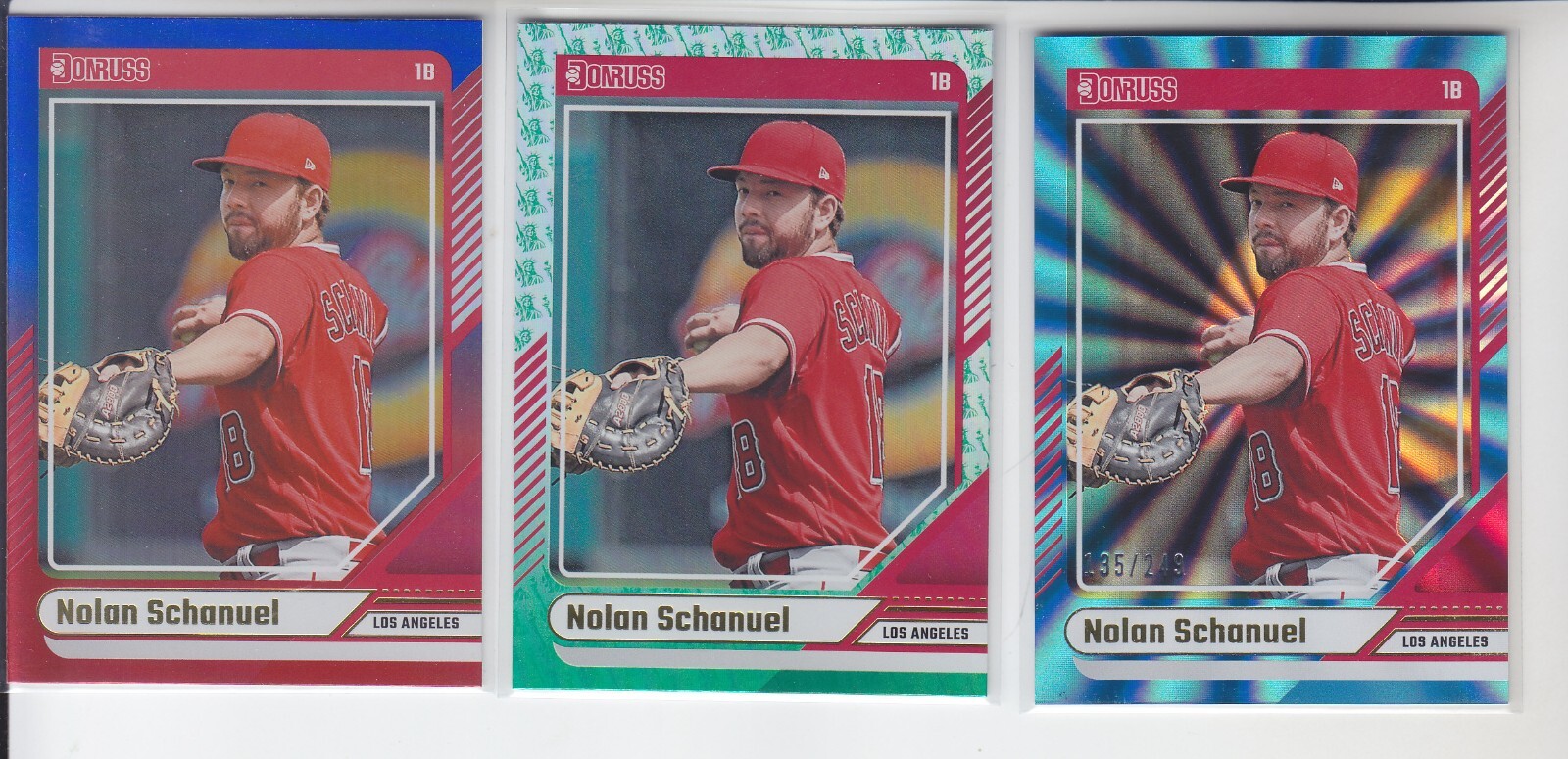 3 2024 Donruss NOLAN SCHANUEL Carolina Laser /249 Red Blue, Liberty Cardinals 96