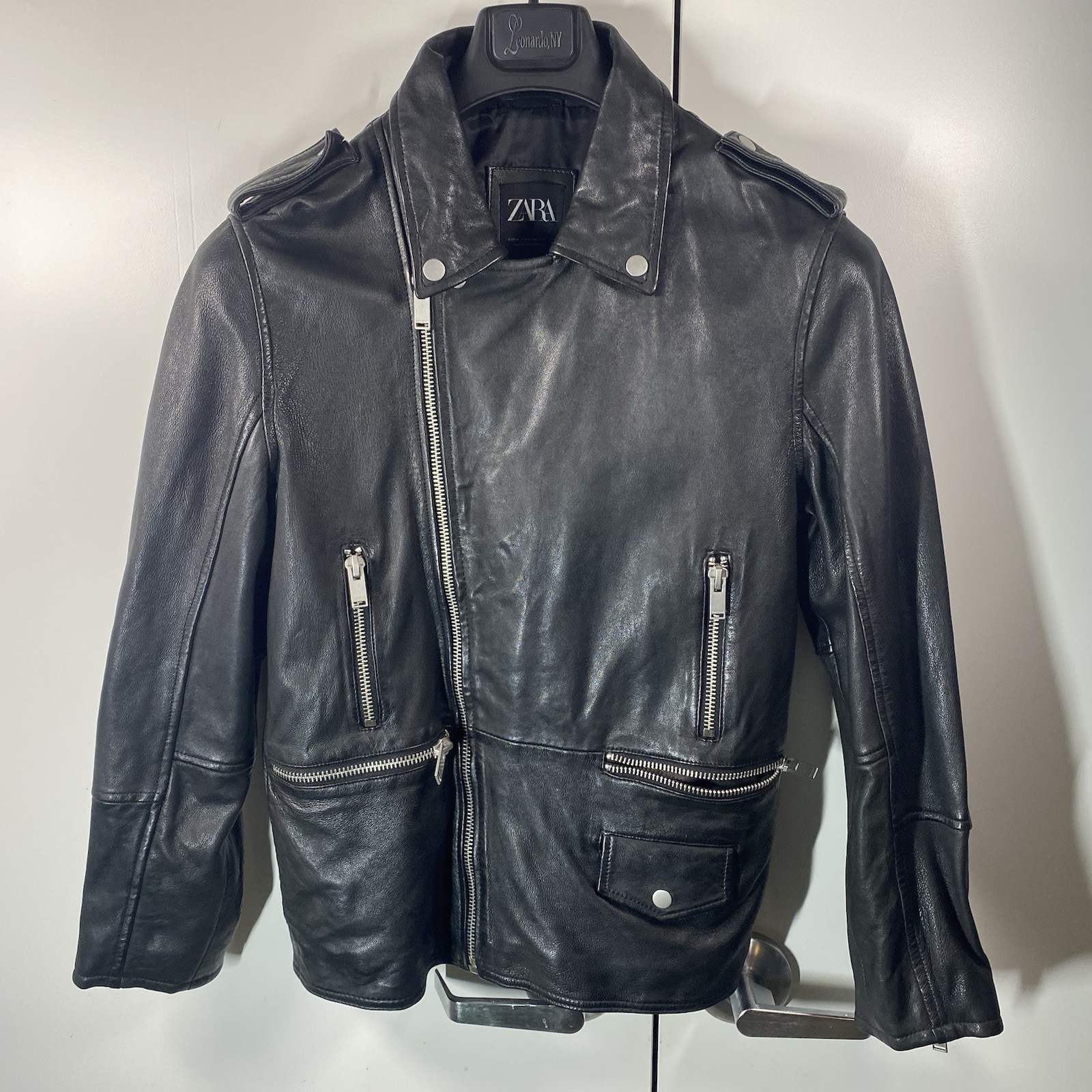 Zara Men’s Sized Medium Real Leather Biker Jacket With Four Zippers