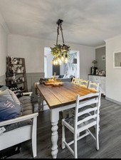 Large Ten Seater Country Cottage Kitchen Table, 6 Chairs And 4 Seater Bench 