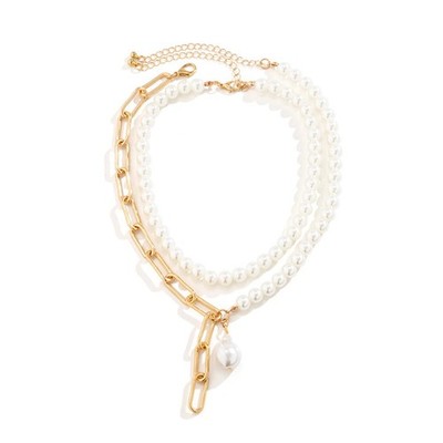 2 Layered Choker Necklaces for Women Simulated Pearl Pendant Paperclip Chain Col