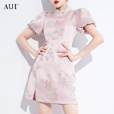 Pink New Chinese Cheongsam Dress Womens Summer Bubble Sleeve Slimming Long Dress