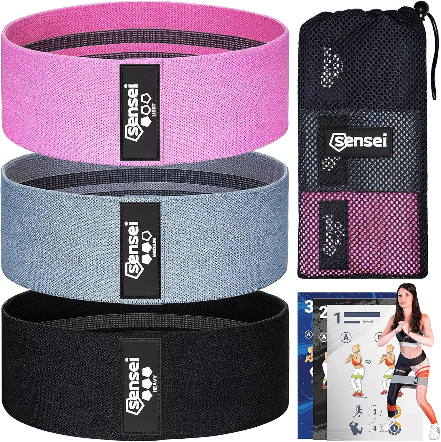 Set de 3 bandes elastiques fitness antiderapantes en tissu pour fessiers et pilate