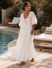 Spell & The Gypsy Long White Linen Dress Size Medium Elevated Boho Short Sleeve