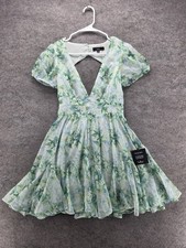 Lulus Dress Womens S Green Floral Sundress Fit & Flare Short Puff Sleeve Lined