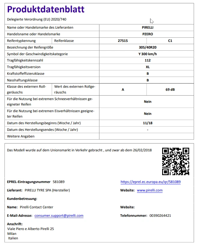 Sommerreifen Pirelli P-Zero  305 40 R 20 112 Y DOT DOT1725 UPE 429,01€ - Bild 4 von 4