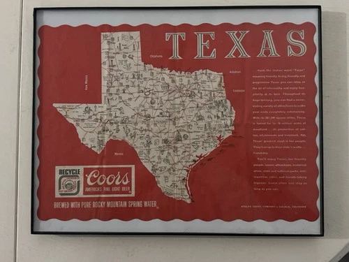 Coors Beer Advertising With Texas Map Brewery Wall Decor Vintage In Mod Frame