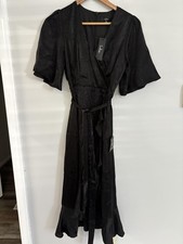 Lulus Dress Womens XS Black Wrap V-Neck Flutter Sleeve Ruffle Hem Belted Midi