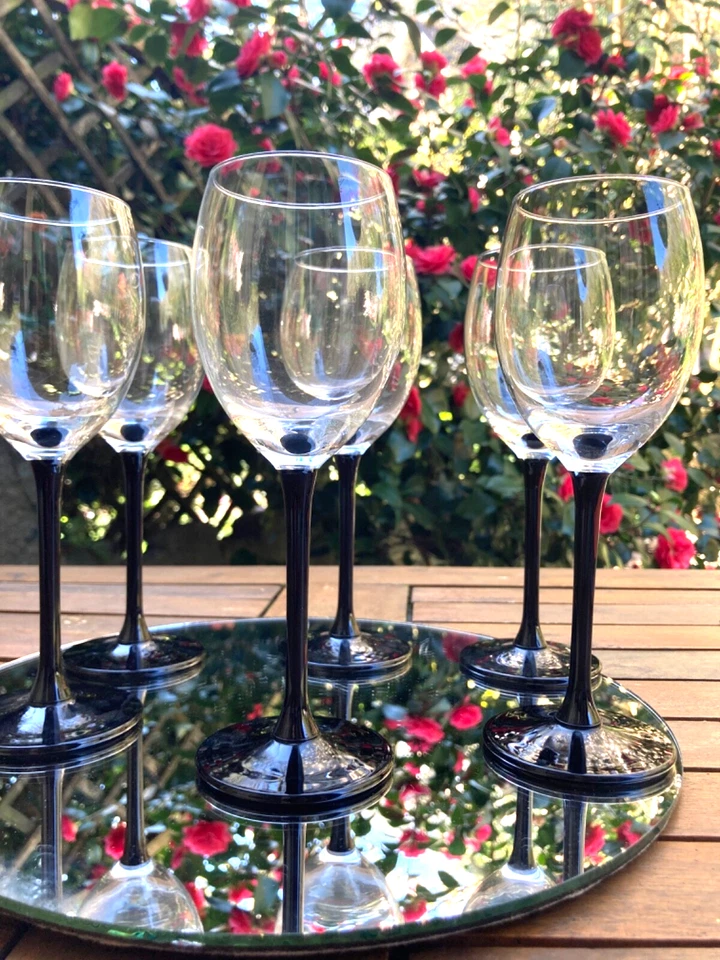 Set 6 Vintage Hand Blown Lumincar French Black Stem Wine Glasses height 20cms - Image 3 of 4