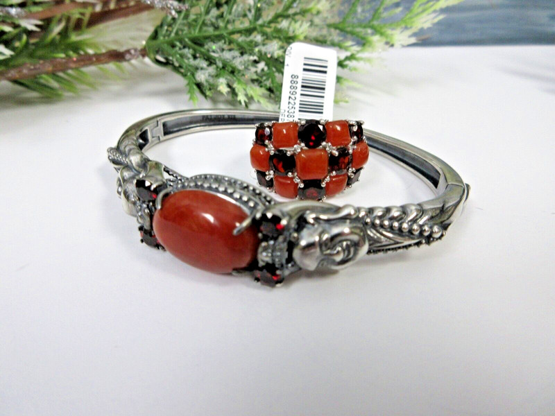 Sterling Silver Buddha Brown Jade & Ruby Bracelet Ring Set Size 7 - NWT
