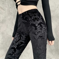 Damen Blumenmuster Samt Glocke Hose Schlaghose Hosen Schwarz Gothic Mode