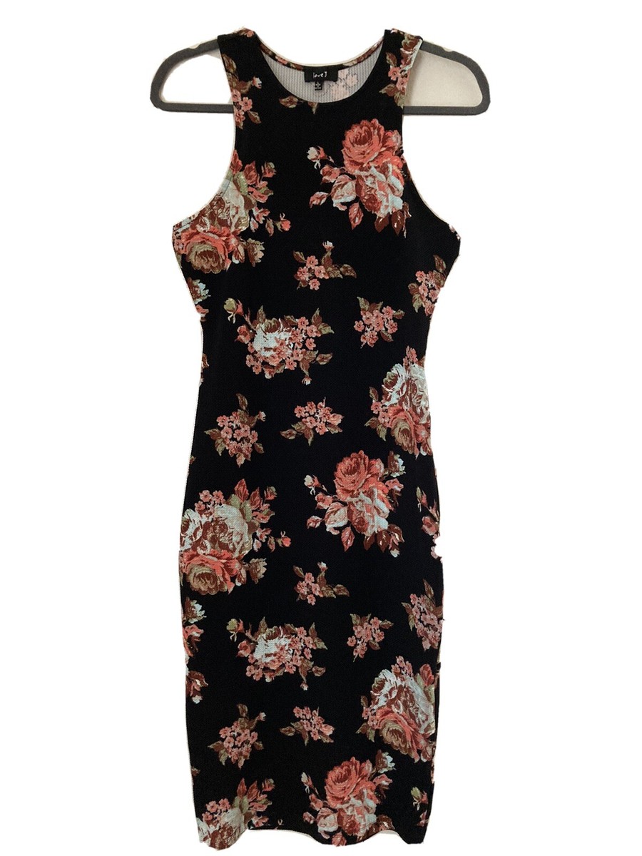 ladies black floral Julia by love J midi dress fitted stretch spandex size  L | eBay