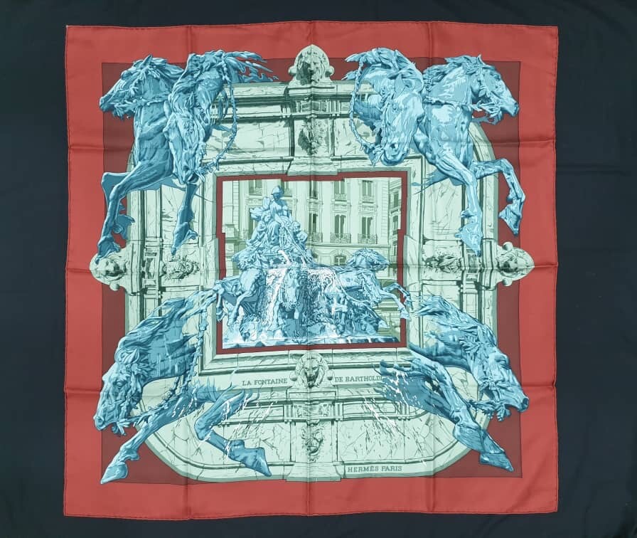 Authentic Hermes Silk Scarf “LA FONTAINE DE BARTHOLDI” By RYBAL 90x90cm