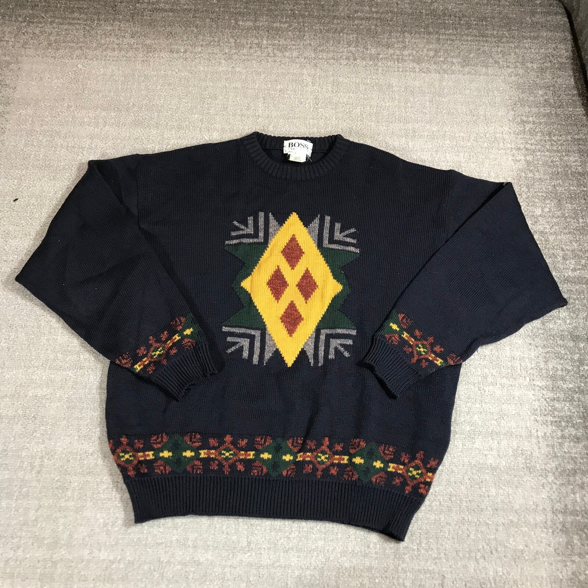 Vintage Hugo Boss Sweater Mens 42 Pullover Blue Southwestern Wool