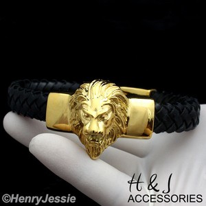Authentic 9"MEN Stainless Steel 13mm Gold Plated LION HEAD Black Braided Leather Bracelet