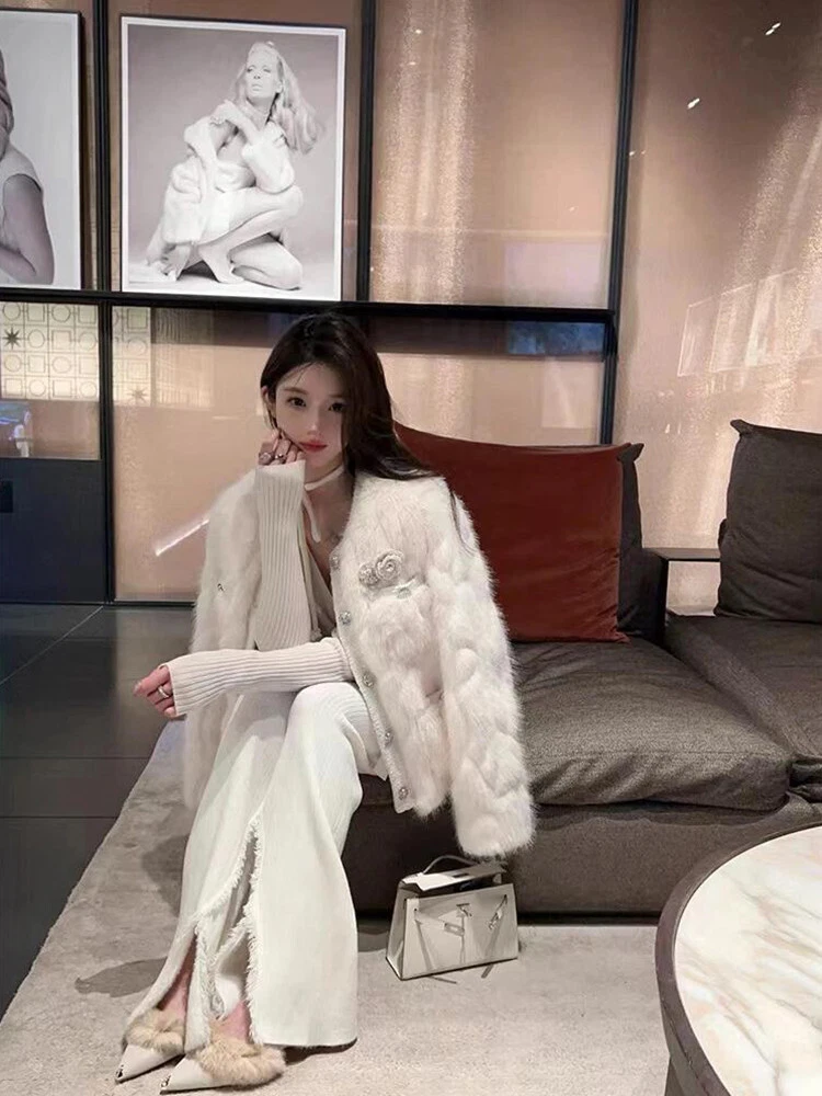 OFF WHITE Lussuoso cappotto pelliccia di volpe invernale donna corto pelliccia di volpe giacca slim caldo cappotti festa