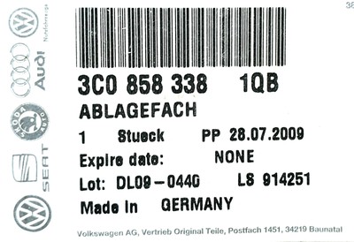 Original Volkswagen 3C0858338 1QB Storage With Lid Rear Black VW 