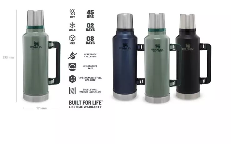 New STANLEY Classic Vacuum Insulated 1.9 Litre Thermos Flask Black Green  Navy