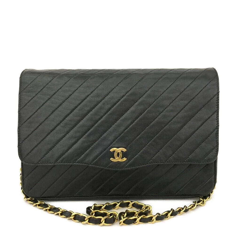 CHANEL Diagonal Line CC Logo Lambskin Chain Shoulder Bag Black