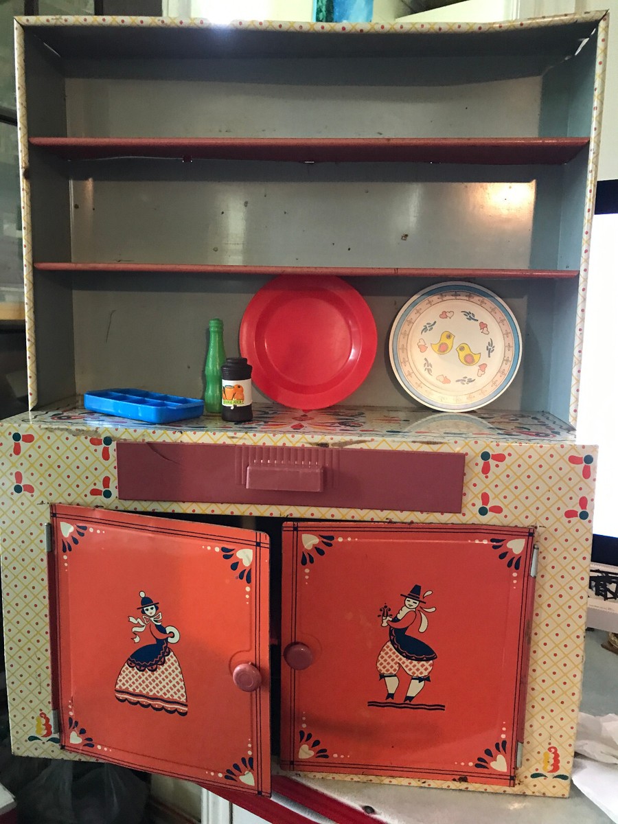 ビンテージ 鳥　オブジェ　レトロ　理科室　書斎　cabinet Vintage 1950s IDEAL Tin Litho Kitchen Cabinet Hutch PA Dutch Toy
