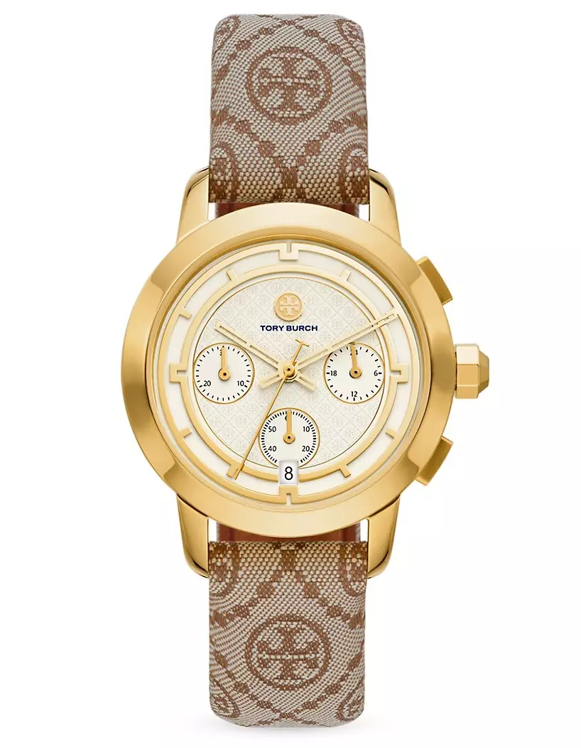 NEW TORY BURCH TBW1050 GOLD-TONE JACQUARD LEATHER LADIES CHRONOGRAPH WATCH
