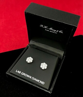 1.0 CTTW Bridge Lab Created Diamond Flower Stud Earrings Sterling Silver G/H SI1